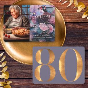 Convites Foto de aniversário do 80 de Hydrangeas Azul Roxo