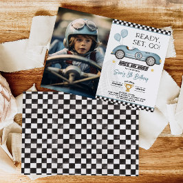 Convites Foto de aniversário do Balão de Carro Raça Azul Re