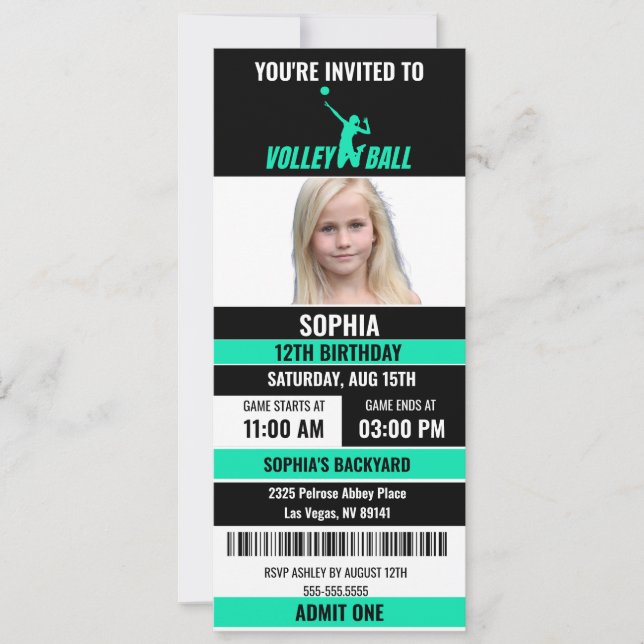Convites Foto de Aniversário do Bilhete de Voleibol Preto V (Frente)