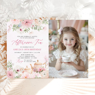 Convites Foto de Aniversário do Chá, Cor-de-rosa, cor-de-ro