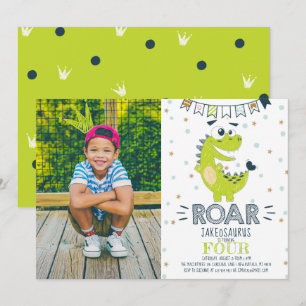 Convites Foto de Aniversário do Dinossauro verde ROAR