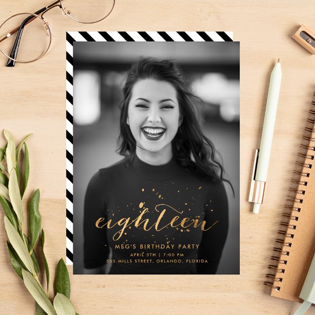 Convites Foto de aniversário do Dourado Confetti 18º aniver (Criador carregado)