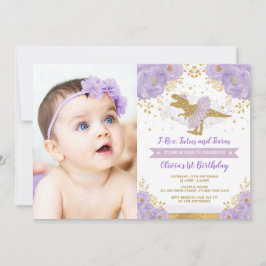 Convites Foto de aniversário do Dourado Dinossauro T Rex Gi