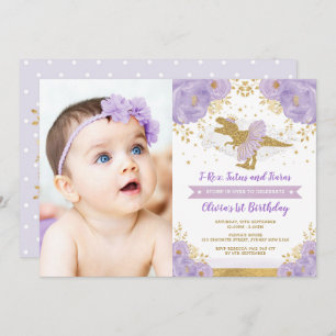 Convites Foto de aniversário do Dourado Dinossauro T Rex Gi