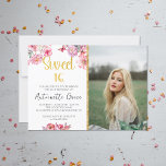 Convites Foto de aniversário do Dourado Script Floral Cor-d<br><div class="desc">Celebrar o marco de tornar o 16 Doce com o nosso convite de aniversário encantador. Projetado com vibrantes flores cor-de-água rosa, um falso roteiro de caligrafia dourada com a leitura "Sweet 16" e uma foto personalizada da aniversariante, este convite dá o tom perfeito para uma celebração memorável. A combinação de...</div>