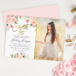 Convites Foto de aniversário do Dourado Script Floral Cor-d<br><div class="desc">Dourado Script Floral Cor-de-Rosa Sweet 16 Aniversário Foto Convite</div>
