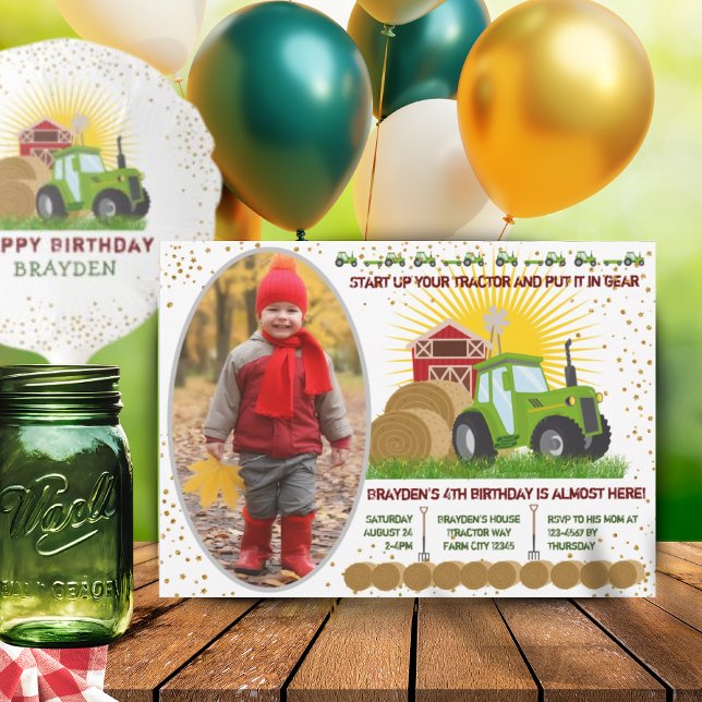 Convites Foto de aniversário do Green Trator 🚜 Barn Fazend (Green Tractor 🚜 Farm Barn Birthday Photo Invitation)