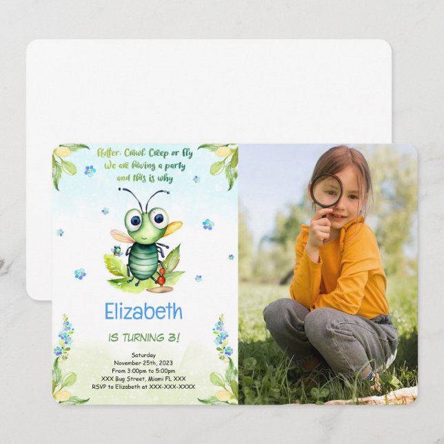 Convites Foto de aniversário do Inseto editável (Frente/Verso)