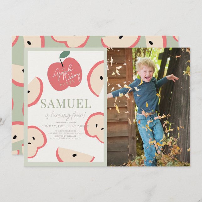 Convites Foto de Aniversário do Menino Verde da Apple Picti (Frente/Verso)
