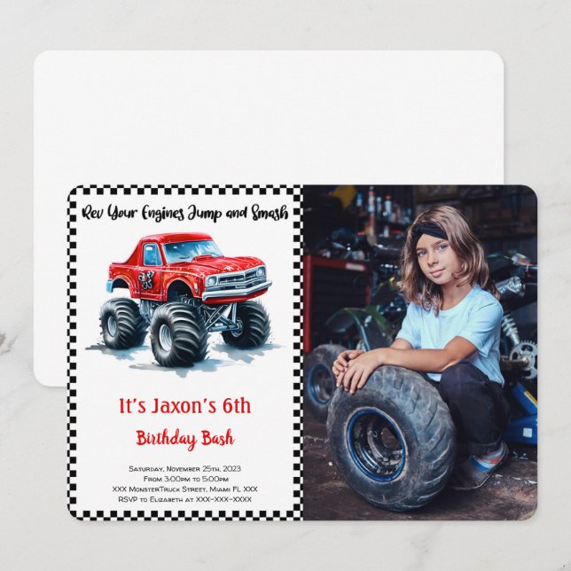 Convites Foto de Aniversário do Monstro do Menino Editável (Frente/Verso)