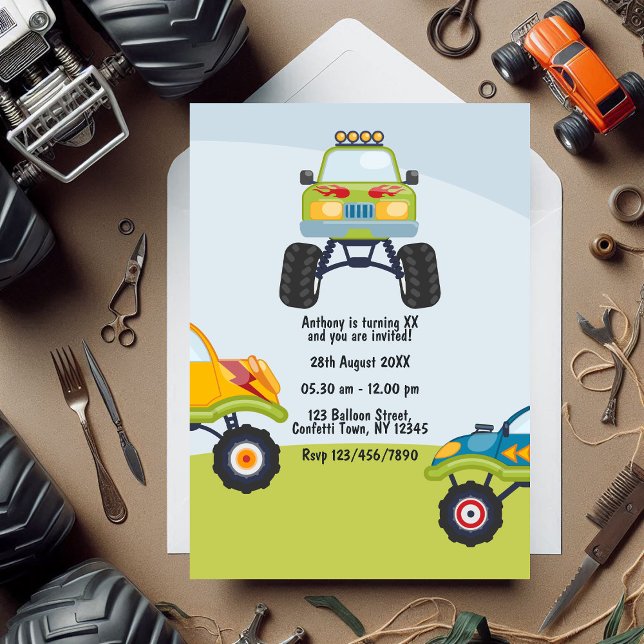 Convites Foto de Aniversário do Monstro Personalizado (Personalized Monster Truck Birthday Photo Invitation)
