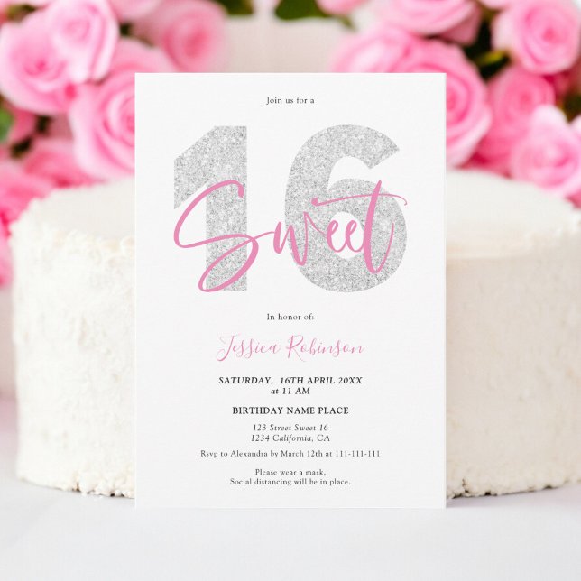 Convites Foto de aniversário do programa Sweet 16 (Silver glitter Sweet 16 script photo birthday Invitation)