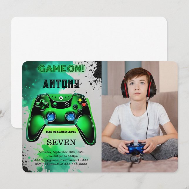Convites Foto de Aniversário do Vídeo Game (Frente/Verso)