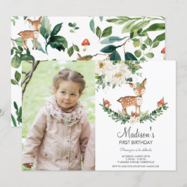 Convites Foto de Aniversário do White Floral Deer Fawn Wood