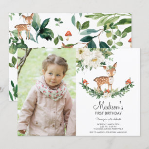 Convites Foto de Aniversário do White Floral Deer Fawn Wood