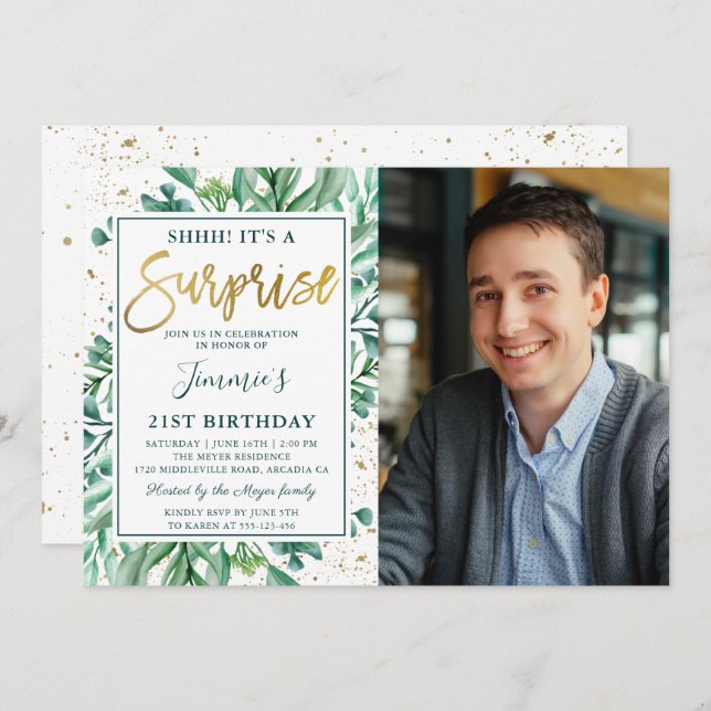 Convites Foto de aniversário Dourada Glitter Greenery Surpr (Frente/Verso)