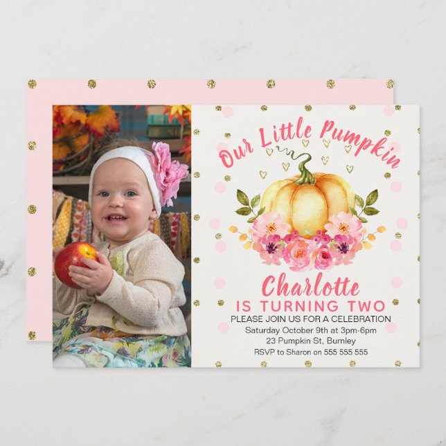 Convites Foto de Aniversário Floral Little Pumpkin (Frente/Verso)