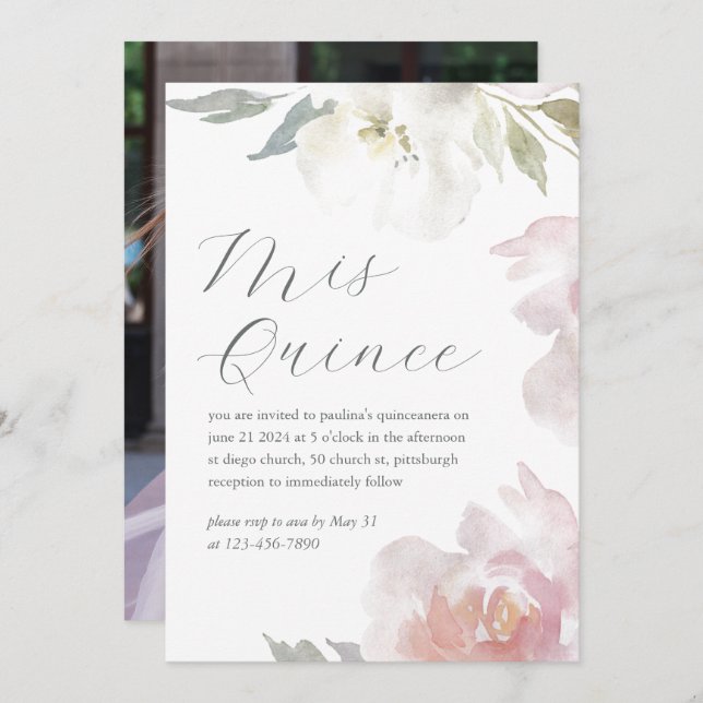 Convites Foto De Aniversário Floral Rosa De Mis Quince Quin (Frente/Verso)