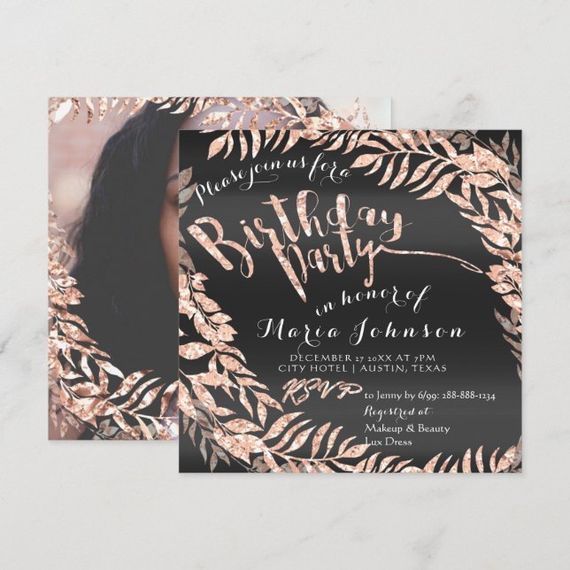 Convites Foto de Aniversário Foto com Moldura Rosa Dourada  (Frente/Verso)