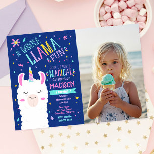 Convites Foto de Aniversário Mágico de Llama Unicórnio