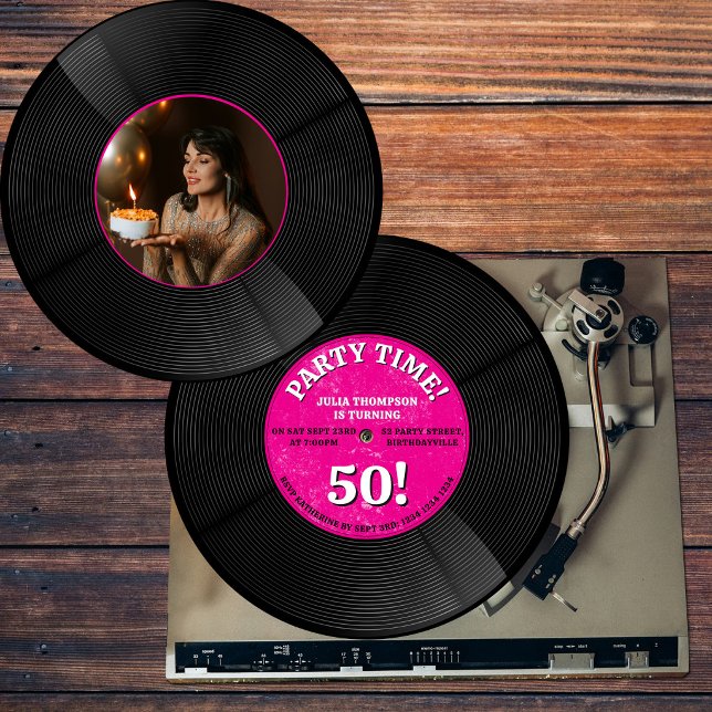 Convites Foto de aniversário marco com disco de vinil retrô (Retro Vinyl Record Music Milestone Birthday Photo Invitation)