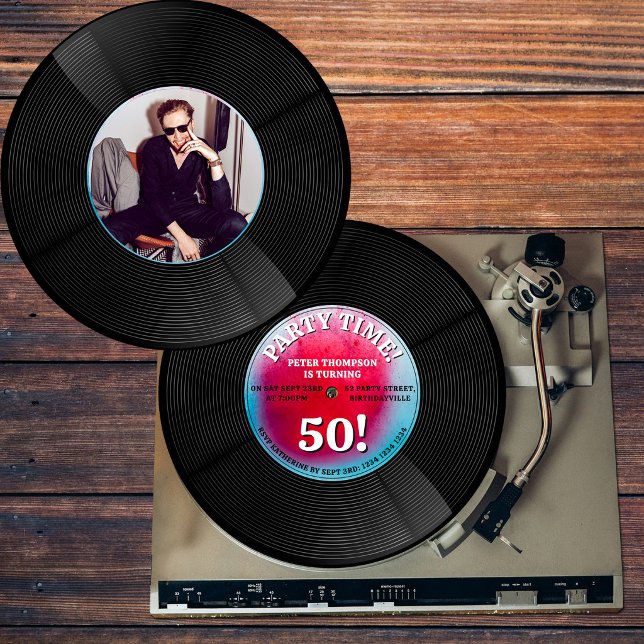 Convites Foto de Aniversário Marco com Disco de Vinil Retro (Retro Vinyl Record Music Milestone Birthday Photo Invitation)