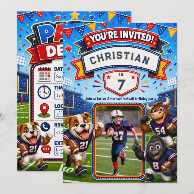 Convites Foto de aniversário personalizada de futebol ameri (Frente/Verso)
