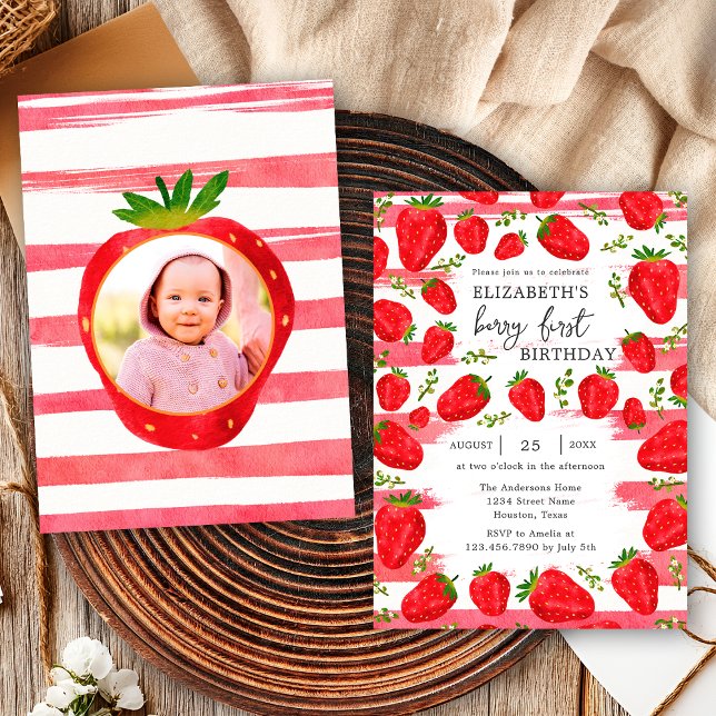 Convites Foto de Aniversário Personalizada Morango Branco R (Criador carregado)
