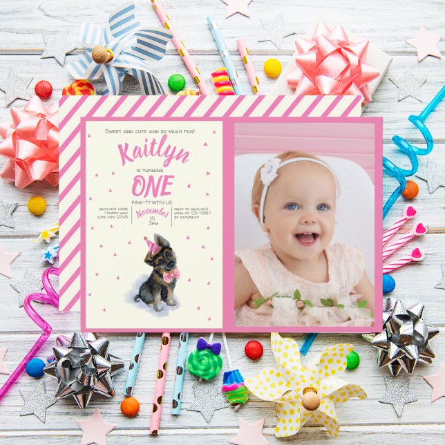 Convites Foto de Aniversário Rosa Rosa 🐶 German shepherd P (Puppy 🐶 German Shepherd Pink Birthday Photo Invitation)