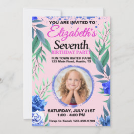 Convites Foto de aniversário tropical rosa pastel