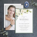 Convites Foto de Aquarela Floral Verde da Cinza Branca Eleg<br><div class="desc">Baseado no nosso Chá de panela mais vendido, este maravilhoso e elegante convite para casamento apresenta um buquê de flores brancas como rosas e hydrangea, e verde botânico, e é bordado em uma cinza verde macia. Personalize seus detalhes acentuados com uma bela caligrafia feita à mão moderna em branco suave...</div>