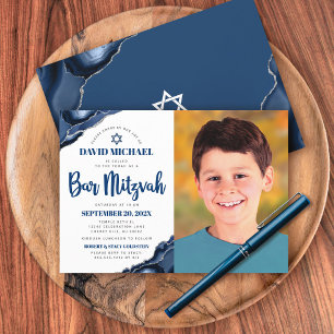 Convites Foto de Bar Mitzvah Moderno Azul Naval Ágata Scrip