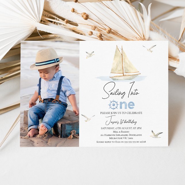 Convites Foto De Barco De Velas Azul Navegando Em Um primei (Simple Sailing into One 1st Birthday Invitation Boy, Photo Nautical Themed First Birthday Invite)