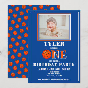 Convites Foto de Basquetebol Azul Fofo para 1º Aniversário