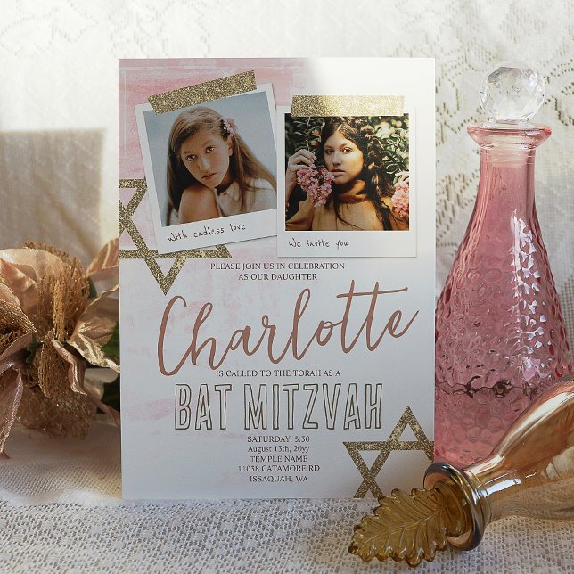 Convites Foto de Bat Mitzvah Heather Mauve Rosa e Dourado (elegant mauve, rose gold pink star of david bat mitzvah invitations with glitter, script writing)