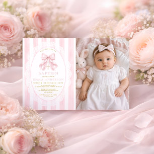 Convites Foto de Batismo Cristão de Menina com Laço Rosa
