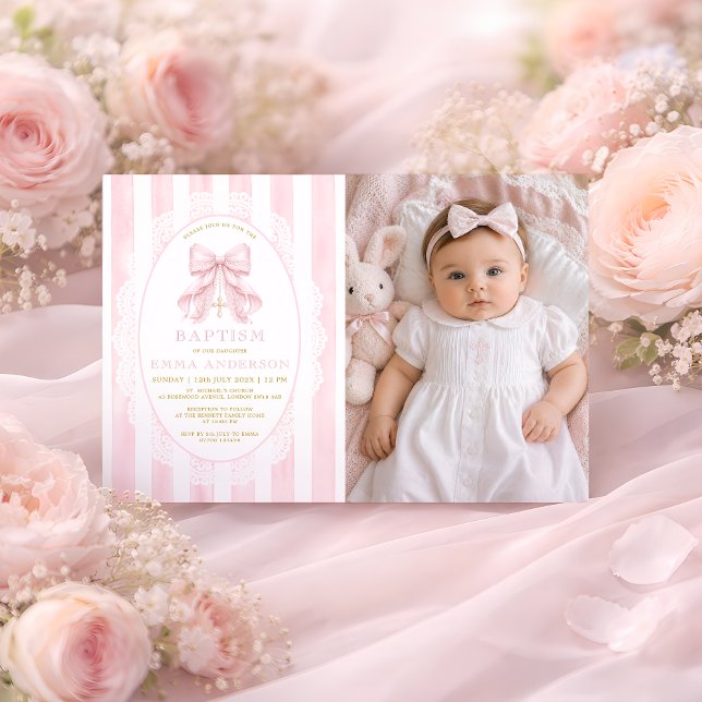 Convites Foto de Batismo Cristão de Menina com Laço Rosa (Criador carregado)