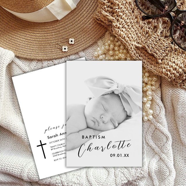Convites Foto de Batismo da Cruz Negra Moderna (Modern Script Photo Black Cross Baptism Invitation)