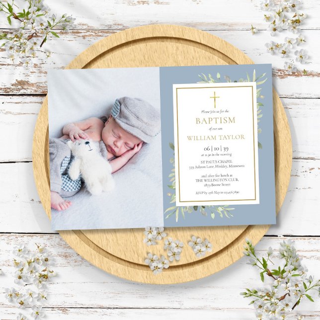 Convites Foto de Batismo de Azul Empoeirado com Verde Folha (Dusty Blue Greenery Baptism Christening Photo Invitation)