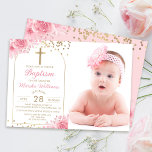Convites Foto de Batismo de Garota Floral Rosa Rosa Dourada<br><div class="desc">Convite Fotográfico de Batismo para Menina Floral Rosa Rosa Dourada Arch</div>