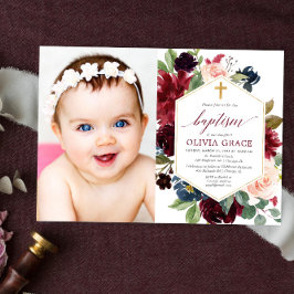 Convites Foto de batismo de marinho rosa-burgundy elegante