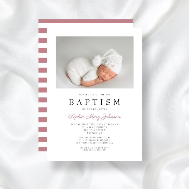 Convites Foto de Batismo de Menina Elegante Tiras Rosa Mode (Modern Pink Stripes Elegant Girl Baptism Photo Invitation)
