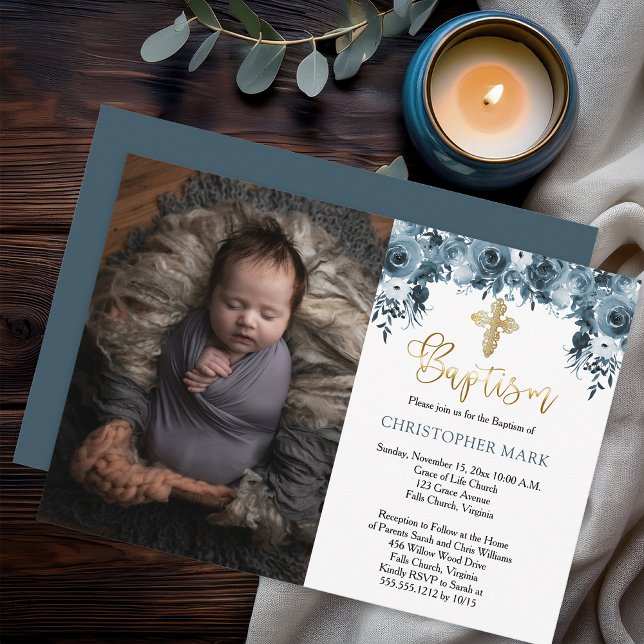 Convites Foto de Batismo de Menino com Aquarela Floral Azul (Elegant Blue Watercolor Floral Faux Gold Accents Boy Baptism Photo Invitation - Print | Digital)