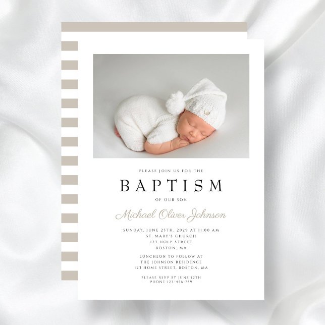 Convites Foto de Batismo de Menino com Listras Bege Elegant (Elegant Taupe Stripes Boy Baptism Photo Invitation)