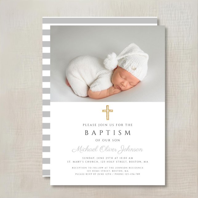 Convites Foto de Batismo de Menino Cruzado Elegante (Elegant Religious Cross Boy Baptism Photo Invitation)