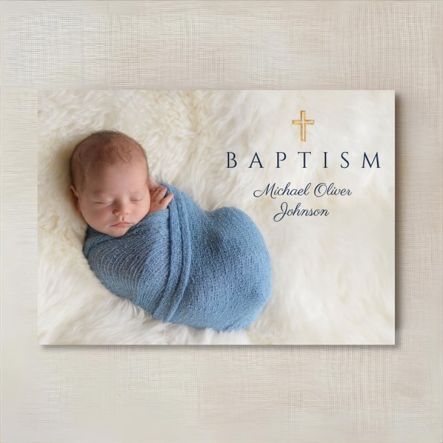 Convites Foto de Batismo de Menino Cruzado Religioso Modern (Modern Blue Religious Cross Boy Baptism Photo Invitation)