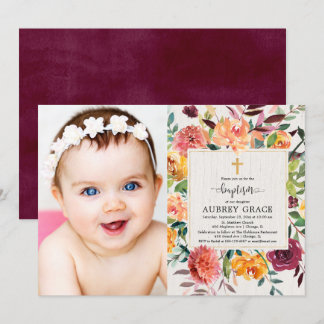 Convites Foto de batismo floral de burgundy elegante
