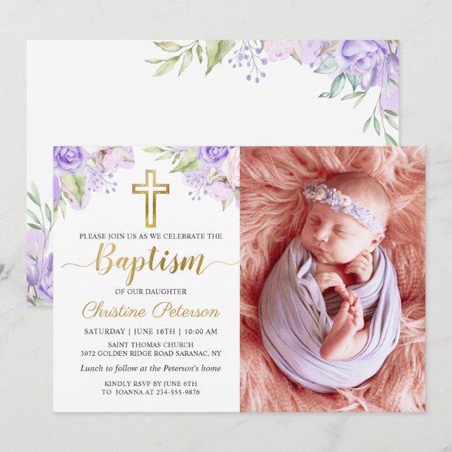 Convites Foto De Batismo Floral Puro E De Aquarela Elegante (Frente/Verso)