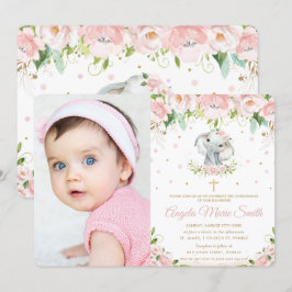 Convites Foto De Batismo Floral Rosa Com Blush De Elefante 