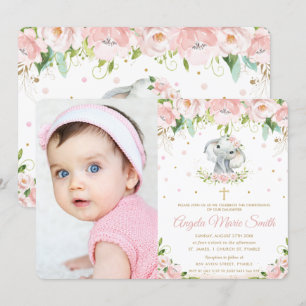 Convites Foto De Batismo Floral Rosa Com Blush De Elefante 